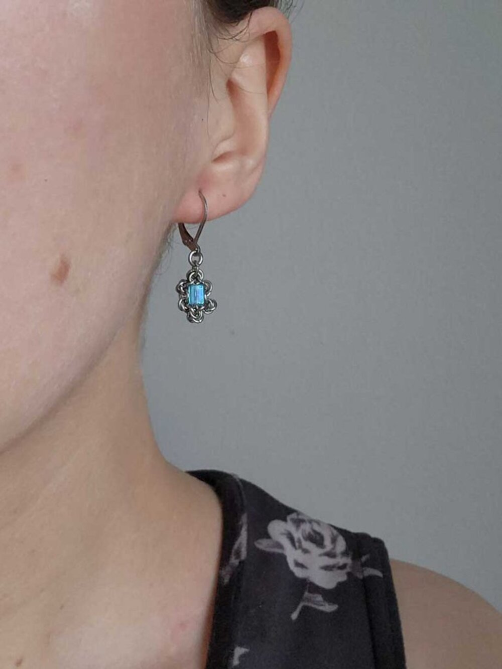 Silver and aqua blue lever back dangly earrings - Picture 3 of 8